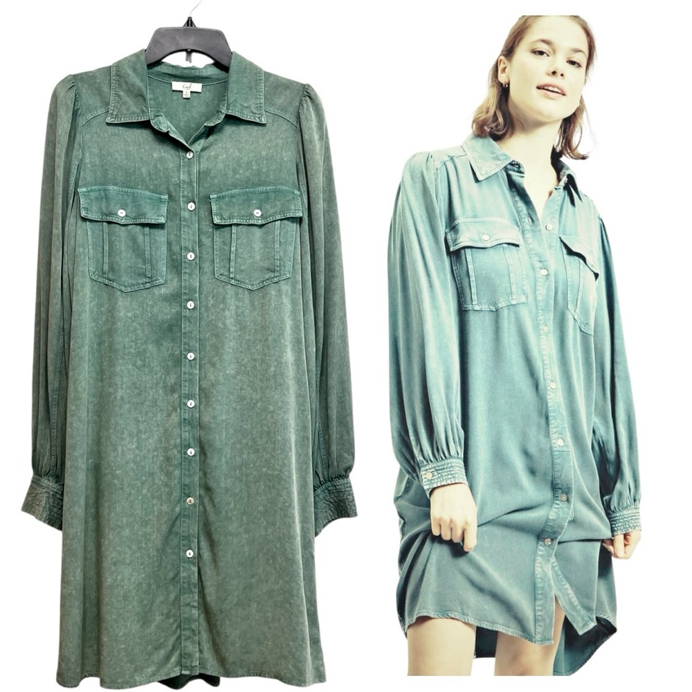 Easel Green Buttoned Long Sleeve Shirt Dress